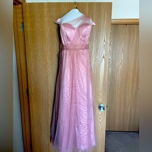 Dusty rose, one shoulder formal gown.